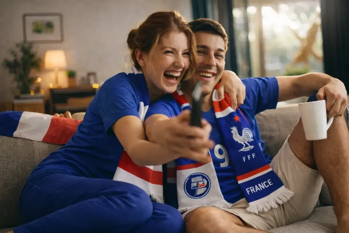 Abonnement IPTV Smarters Pro compatible : un couple devant un match, télécommande en main